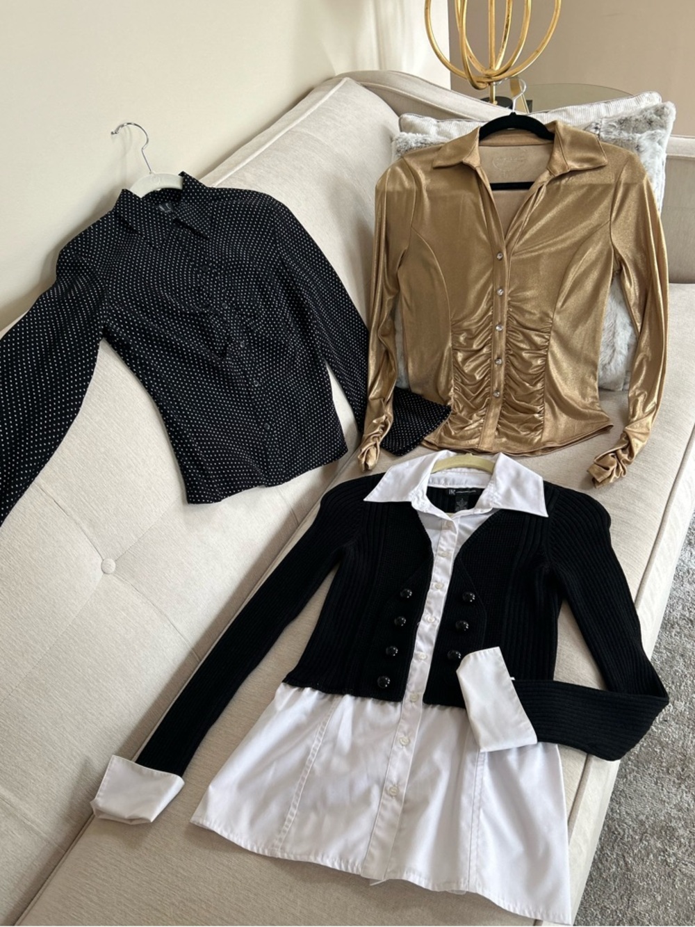 INC Shimmery Gold Top, Black White Sweater Shirt, Polka Dot Button Down Blouse
